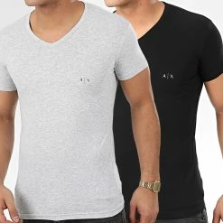 Bon marché 👏 Lot De 2 Tee 👕 Shirts Col V 956004-CC282 Noir Gris Chiné de Armani Exchange 🎉