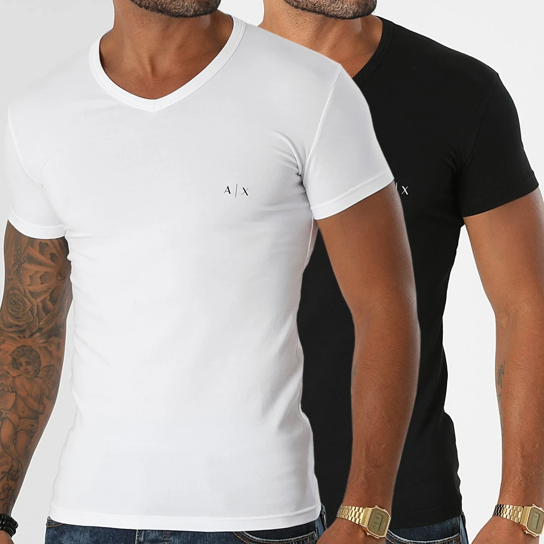 Meilleur prix 😉 Lot De 2 Tee 👕 Shirts Col V 956004-CC282 Noir Blanc de Armani Exchange ✨
